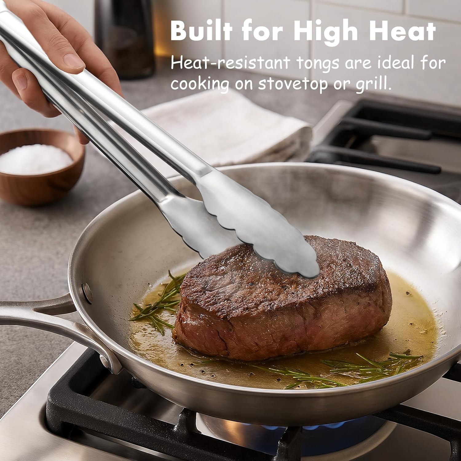 Seamless Tongs for Cooking, One-Piece Design, Durable Heat Resistant Stainless Steel Tongs for Kitchen, Grill, BBQ, Salad, Dishwasher Safe, Metal Tongs Set 12" & 9"