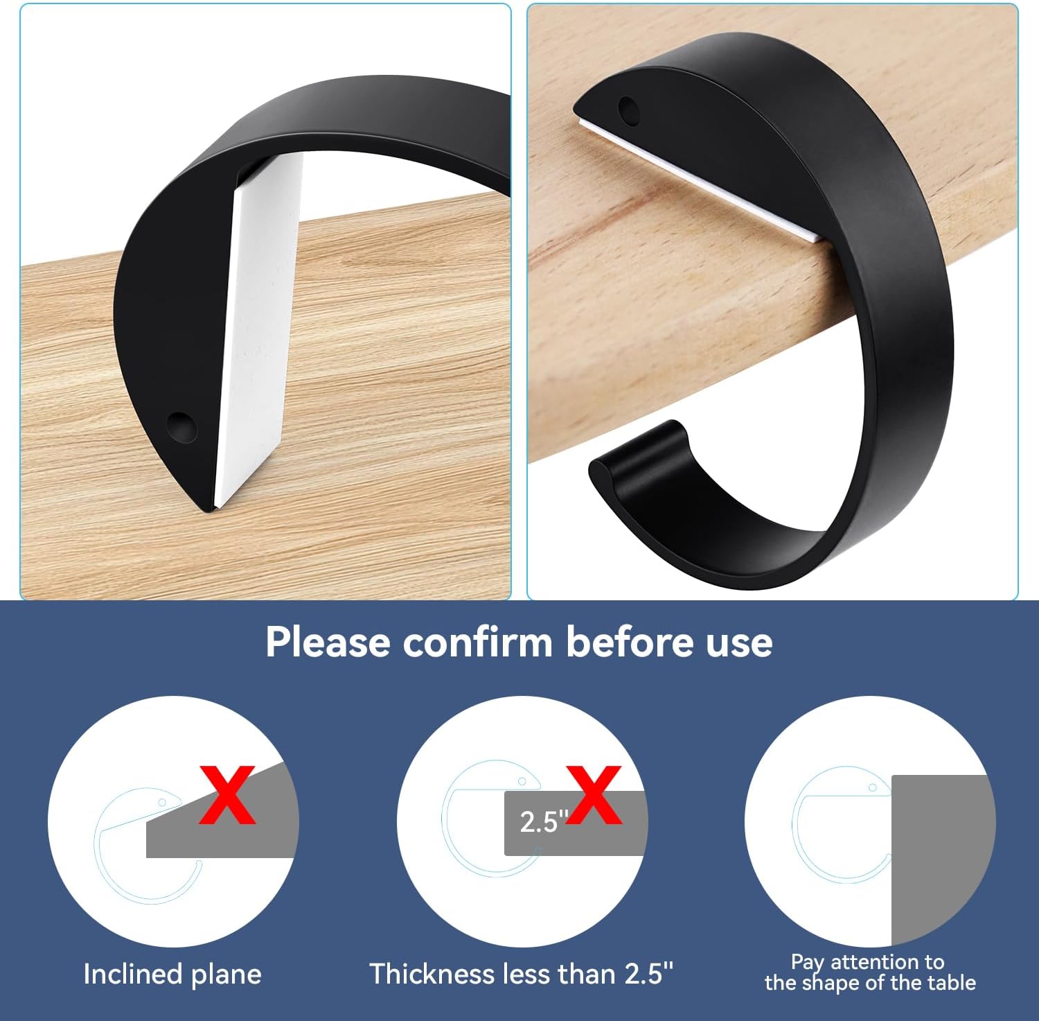 2PCS C Shape Purse Hooks for Table, Headphone Hanger, Aluminum Alloy Desk Heavy Duty Purse Handbag Hooks for Organize Desktop Storage Items Black