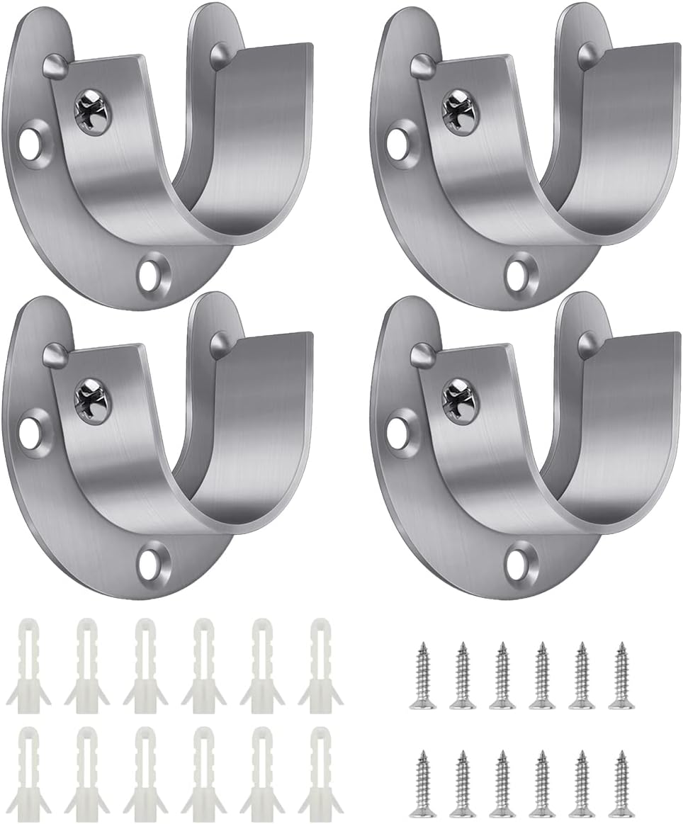 4 Packs Stainless Steel Wardrobe Bracket U-Shaped Rod Socket Flange 1-1/4" Diameter Heavy Duty Closet Rod Brackets End Supports for Closet Rod with Screws Silver