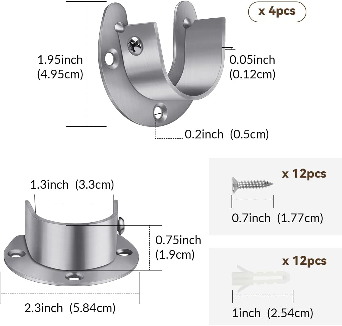 4 Packs Stainless Steel Wardrobe Bracket U-Shaped Rod Socket Flange 1-1/4" Diameter Heavy Duty Closet Rod Brackets End Supports for Closet Rod with Screws Silver