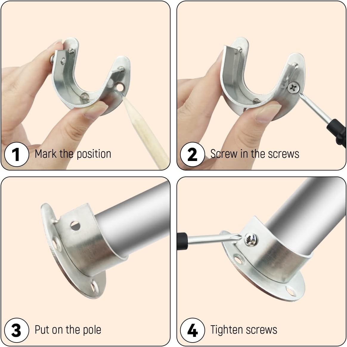 4 Packs Stainless Steel Wardrobe Bracket U-Shaped Rod Socket Flange 1-1/4" Diameter Heavy Duty Closet Rod Brackets End Supports for Closet Rod with Screws Silver