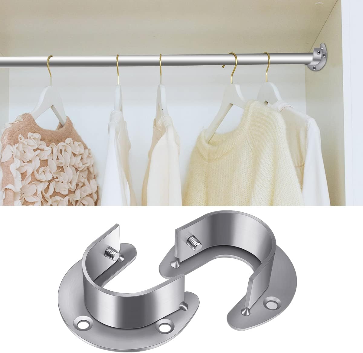 4 Packs Stainless Steel Wardrobe Bracket U-Shaped Rod Socket Flange 1-1/4" Diameter Heavy Duty Closet Rod Brackets End Supports for Closet Rod with Screws Silver