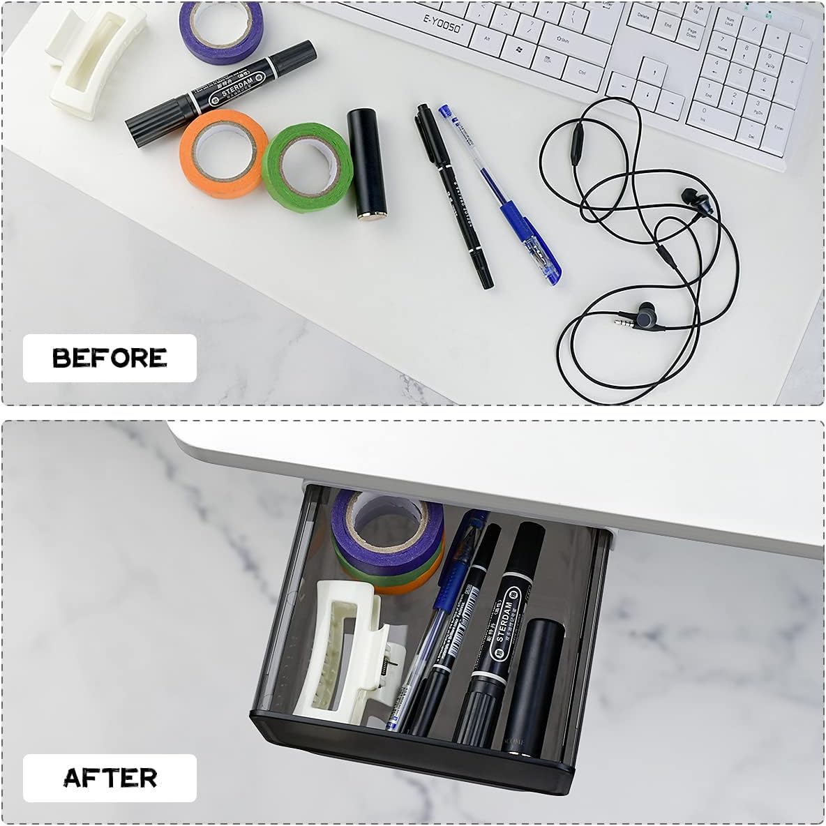 1 Pcs Under Desk Drawer, Under Table Hidden Organizer, Plastic Self-adhesive Slide out Under Desk Storage Drawer for Office Dresser Home School Stationery Kitchen Black
