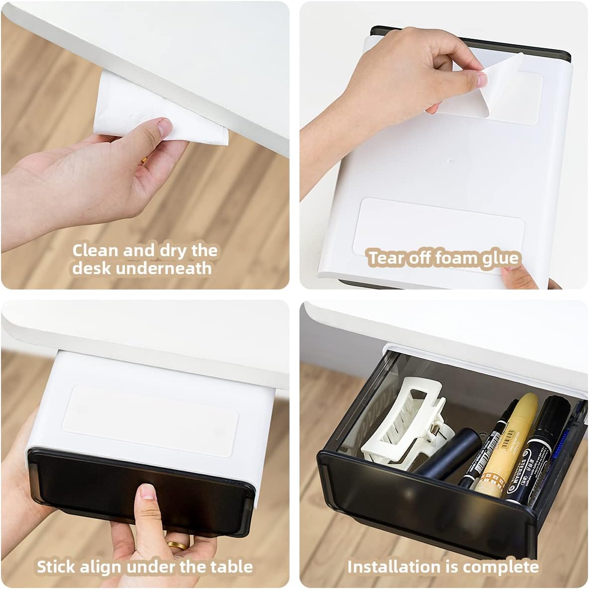 1 Pcs Under Desk Drawer, Under Table Hidden Organizer, Plastic Self-adhesive Slide out Under Desk Storage Drawer for Office Dresser Home School Stationery Kitchen Black