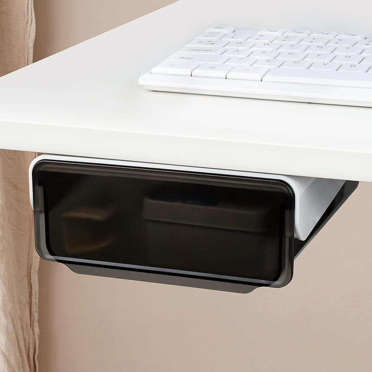 1 Pcs Under Desk Drawer, Under Table Hidden Organizer, Plastic Self-adhesive Slide out Under Desk Storage Drawer for Office Dresser Home School Stationery Kitchen Black