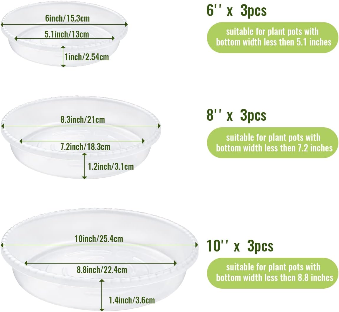 9 Pack Clear Plastic Plant Saucer, Durable Plant Trays Flower Plant Pot Saucer Plant Container Accessories for Indoors & Outdoors, Stop Messes & Stains in Your Garden 6"+8"+10"