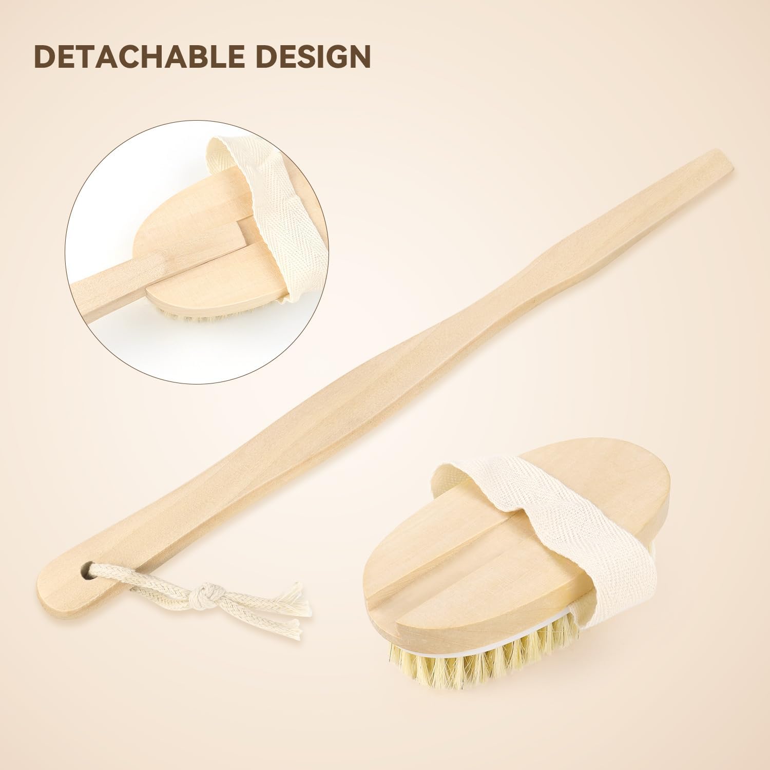 2 Pack Detachable Bath Bristle Brush, Wood Long Handle Dry Brushing Body Brush for Shower