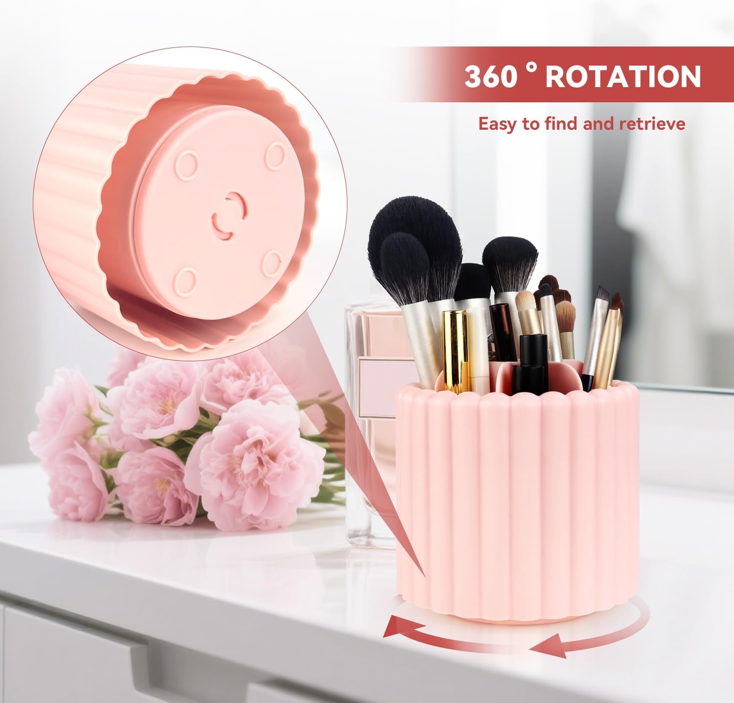 1 Pack 360° Rotating Makeup Brush Organizer, 7 Slot Make up Brush Holder for Vanity, Dresser, Desk Pink