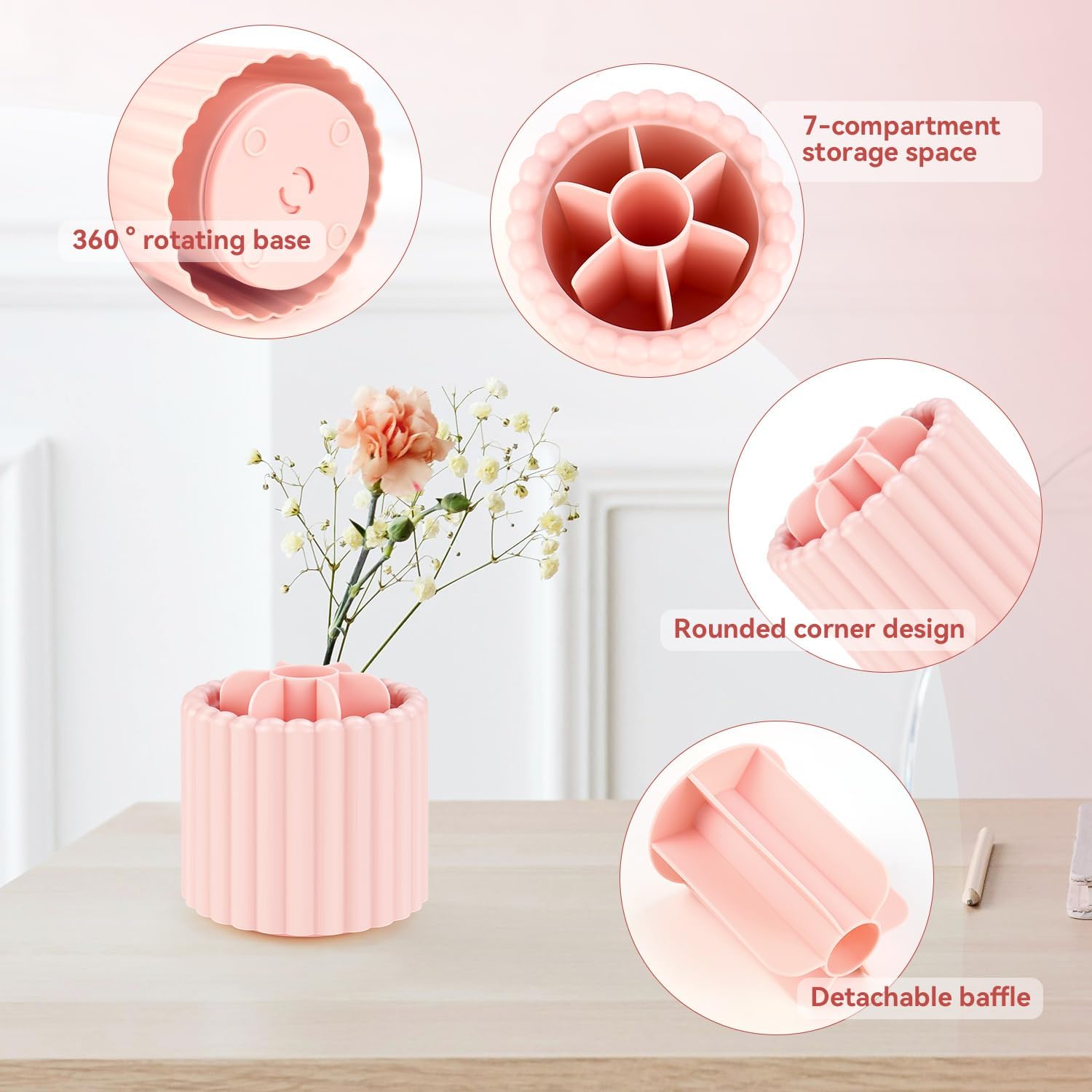 1 Pack 360° Rotating Makeup Brush Organizer, 7 Slot Make up Brush Holder for Vanity, Dresser, Desk Pink