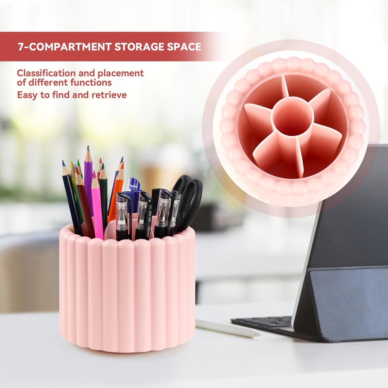 1 Pack 360° Rotating Makeup Brush Organizer, 7 Slot Make up Brush Holder for Vanity, Dresser, Desk Pink