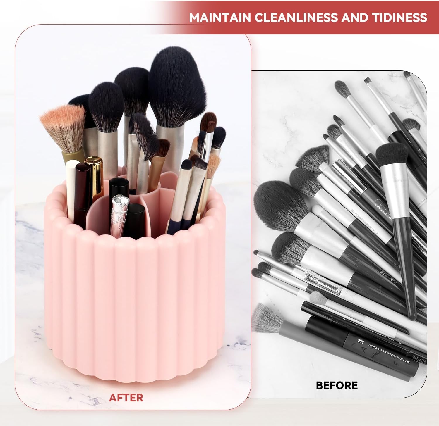 1 Pack 360° Rotating Makeup Brush Organizer, 7 Slot Make up Brush Holder for Vanity, Dresser, Desk Pink