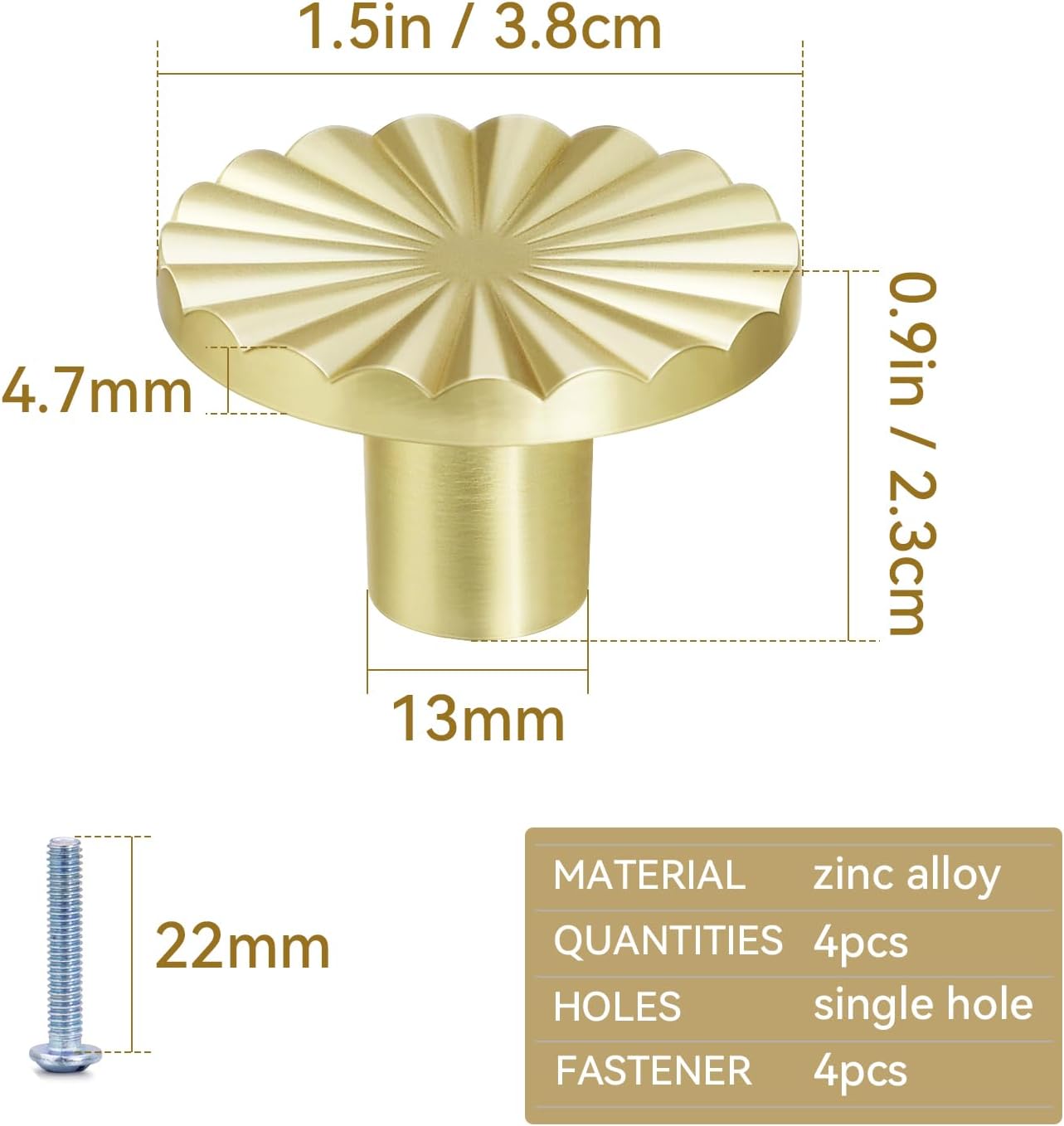 4 Pack Cabinet Knobs Zinc Alloy Solid Kitchen Cabinet Pulls Brushed Gold Drawer Knobs Dresser Cabinet Handles 37 mm