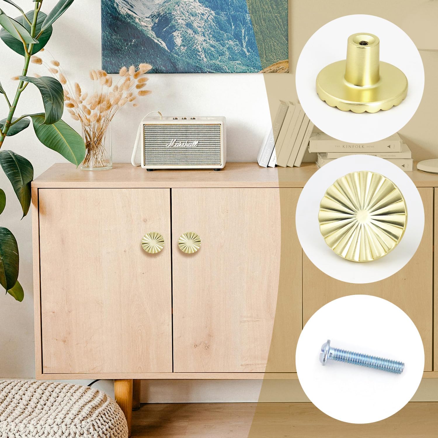 4 Pack Cabinet Knobs Zinc Alloy Solid Kitchen Cabinet Pulls Brushed Gold Drawer Knobs Dresser Cabinet Handles 37 mm