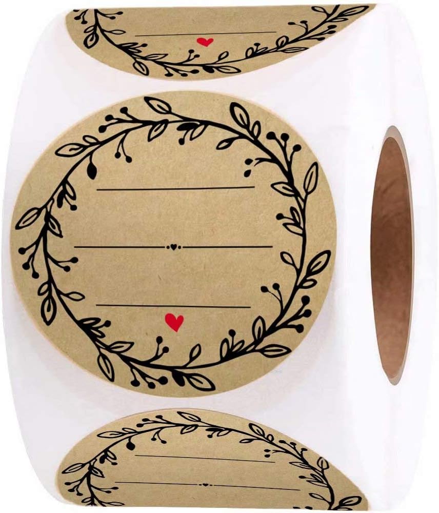 2 Inch Wreath Design with 3 Lines for Writing 500 Labels per roll Natural Brown Kraft Stickers for Canning Labels Jar, Store Owners, Crafts, Organizing, Gift, Price Tags, Weddings, Baby Showers