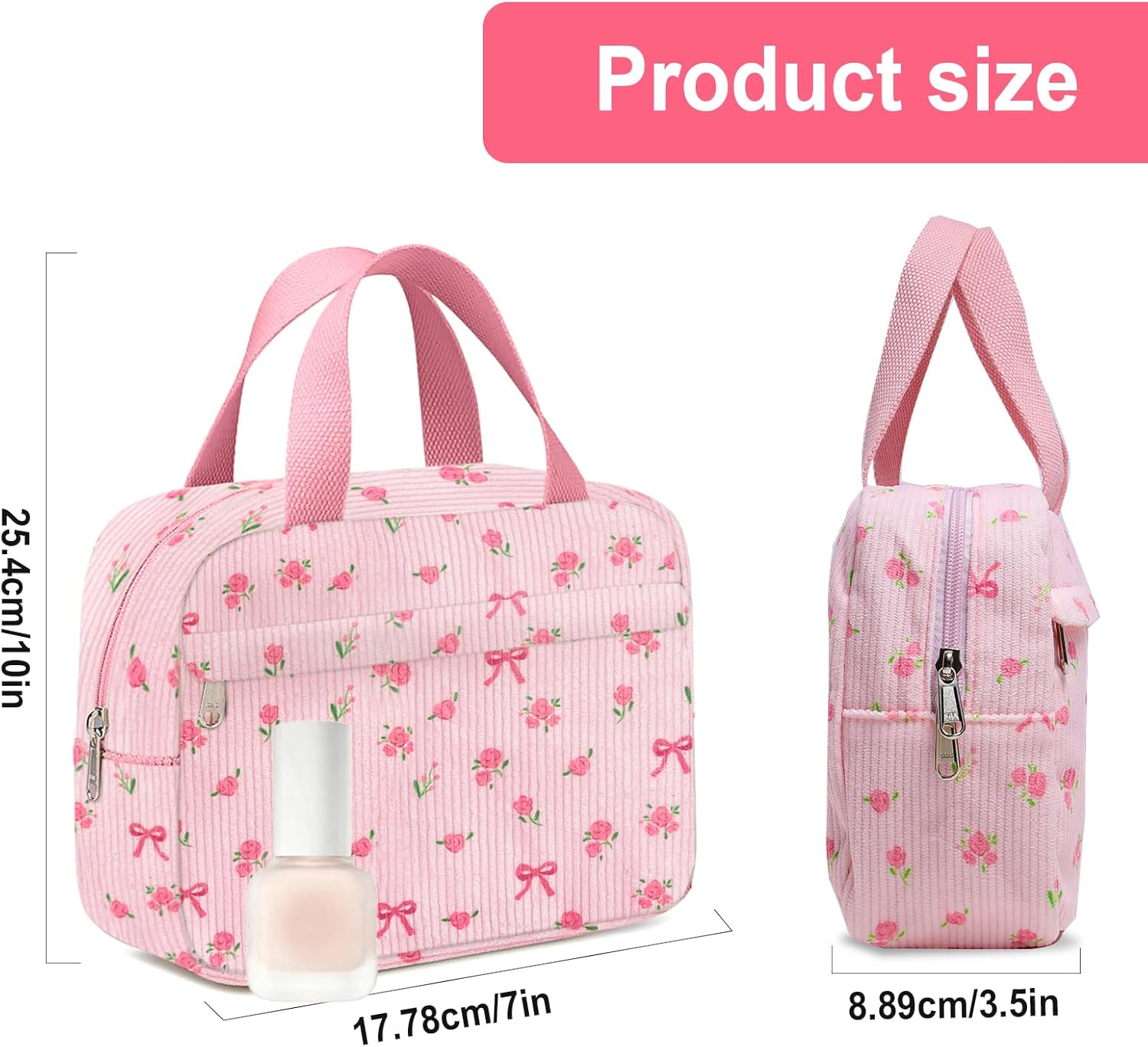 Small Makeup Bag for Purse Cute Corduroy Cosmetic Pouch with Zipper Travel Toiletry Bag for Women Flower bow pink