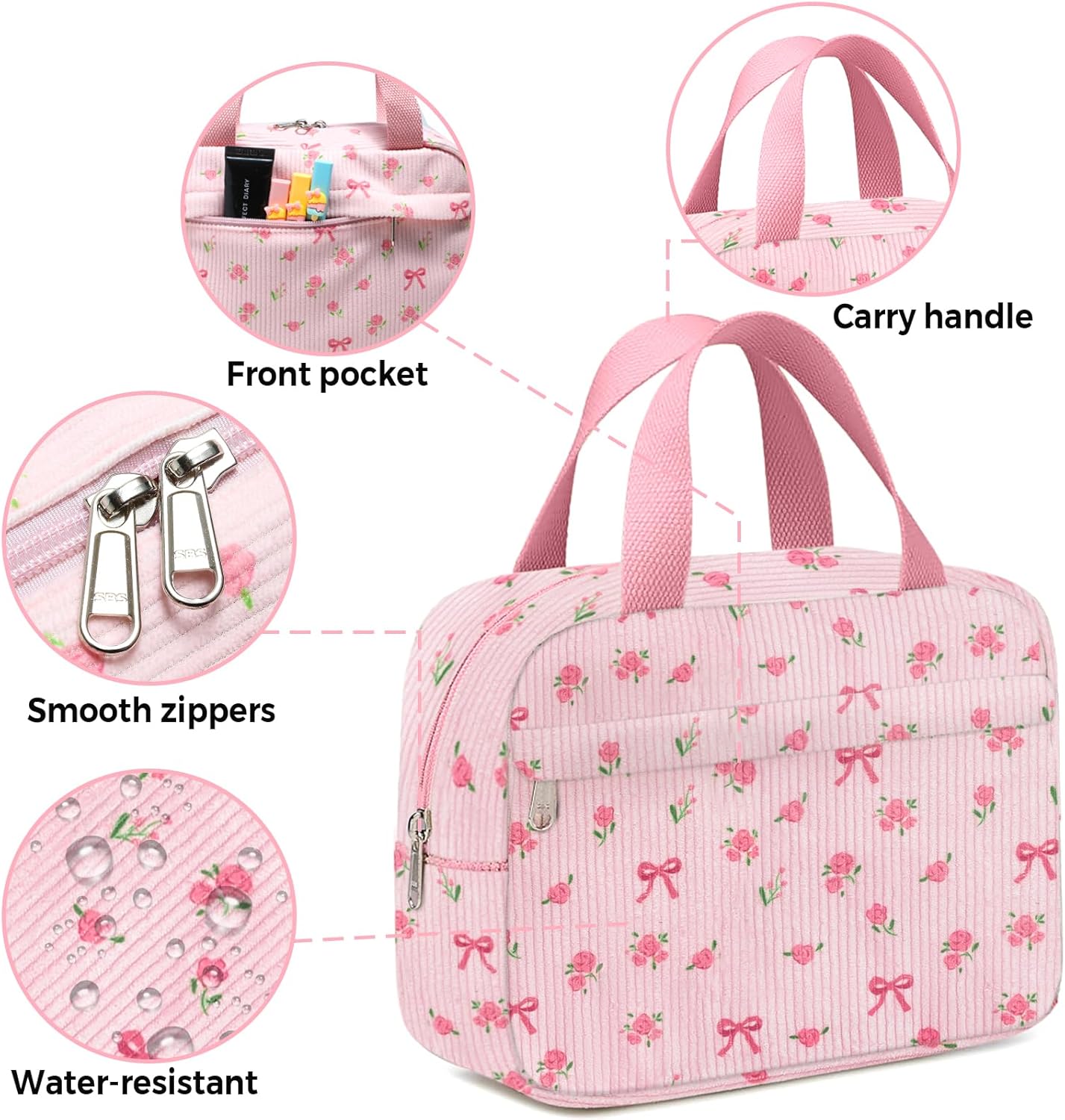 Small Makeup Bag for Purse Cute Corduroy Cosmetic Pouch with Zipper Travel Toiletry Bag for Women Flower bow pink