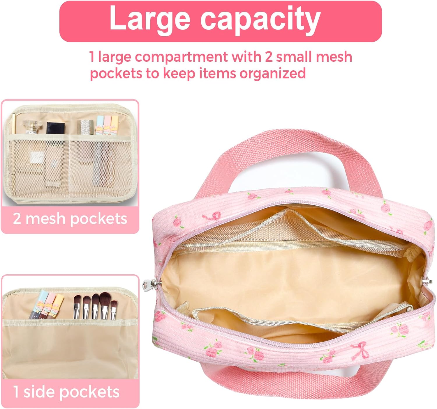 Small Makeup Bag for Purse Cute Corduroy Cosmetic Pouch with Zipper Travel Toiletry Bag for Women Flower bow pink