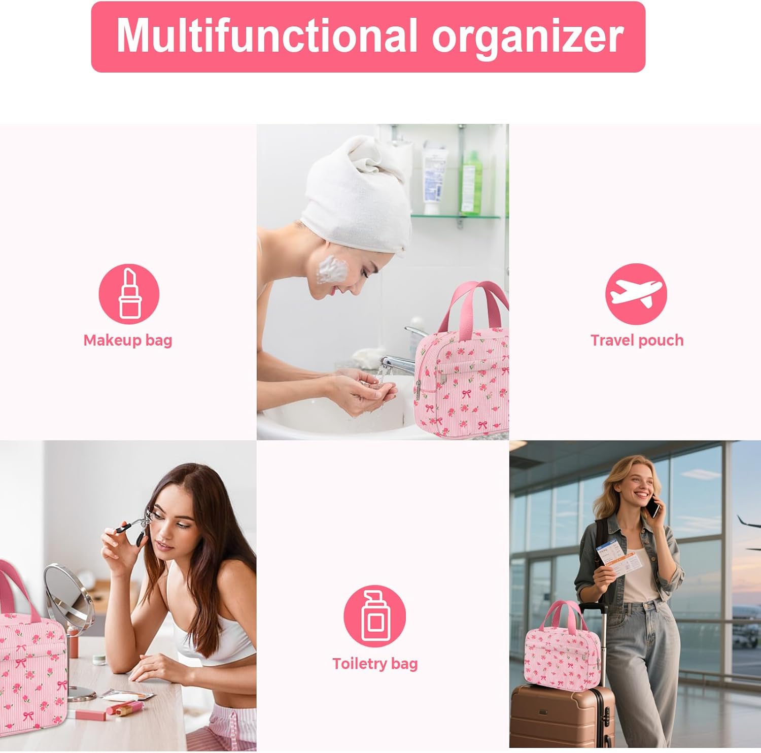 Small Makeup Bag for Purse Cute Corduroy Cosmetic Pouch with Zipper Travel Toiletry Bag for Women Flower bow pink