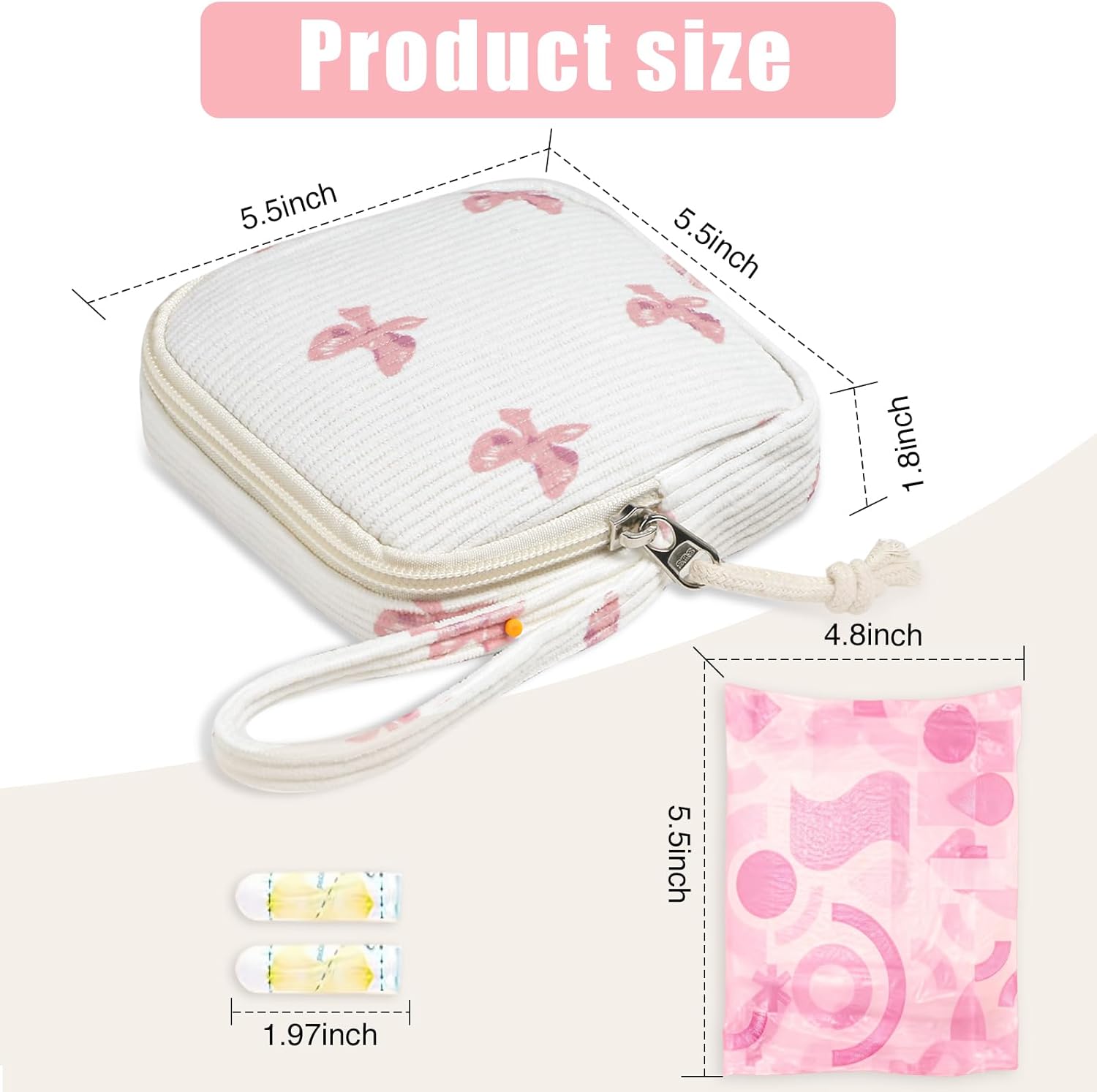 Small Makeup Bag | Discreet Period Bag Pad Pouch for Purse| Sanitary Napkin Storage & Tampon Holder for Travel Bow pink