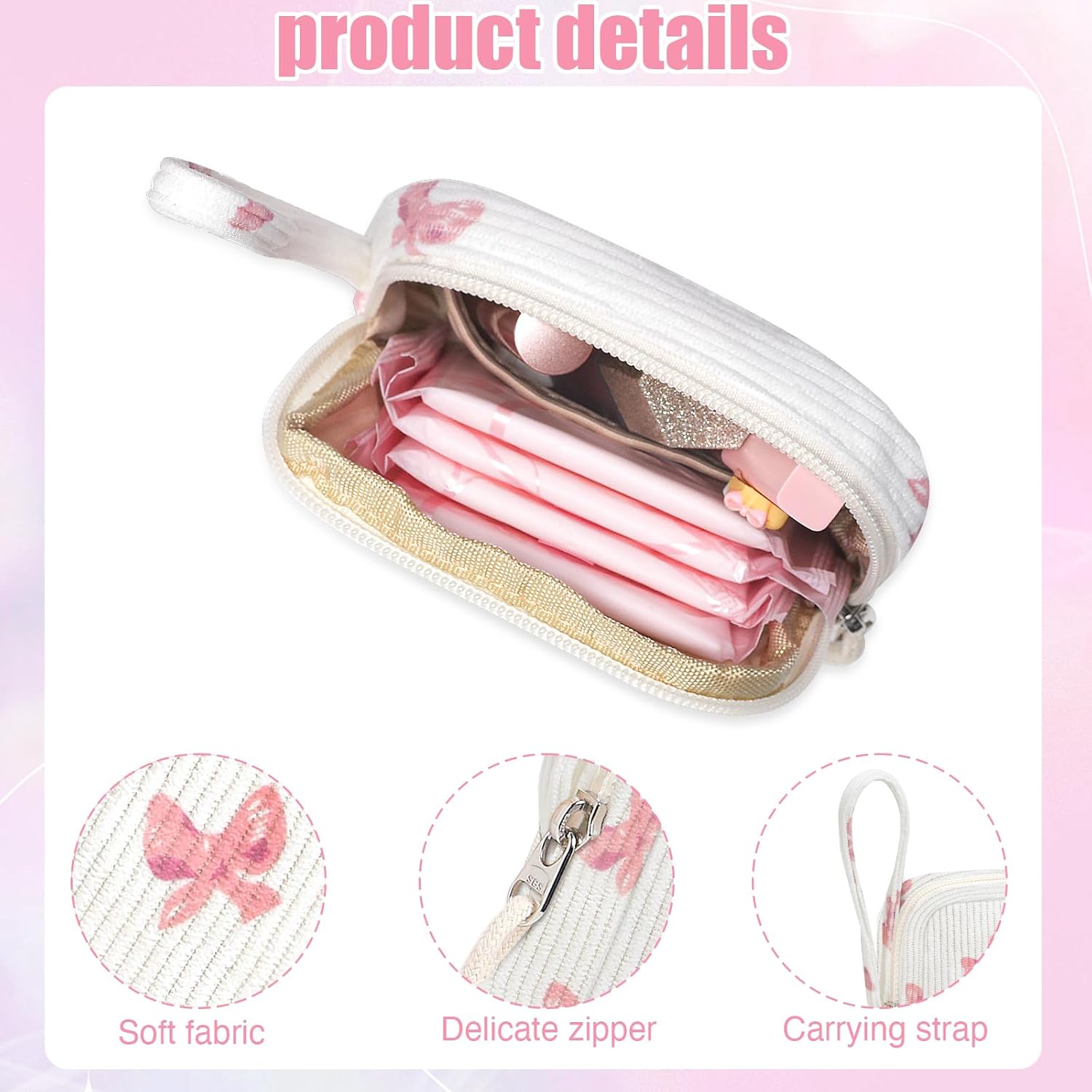 Small Makeup Bag | Discreet Period Bag Pad Pouch for Purse| Sanitary Napkin Storage & Tampon Holder for Travel Bow pink
