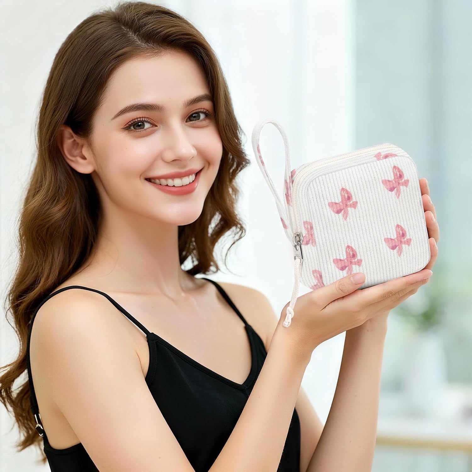 Small Makeup Bag | Discreet Period Bag Pad Pouch for Purse| Sanitary Napkin Storage & Tampon Holder for Travel Bow pink
