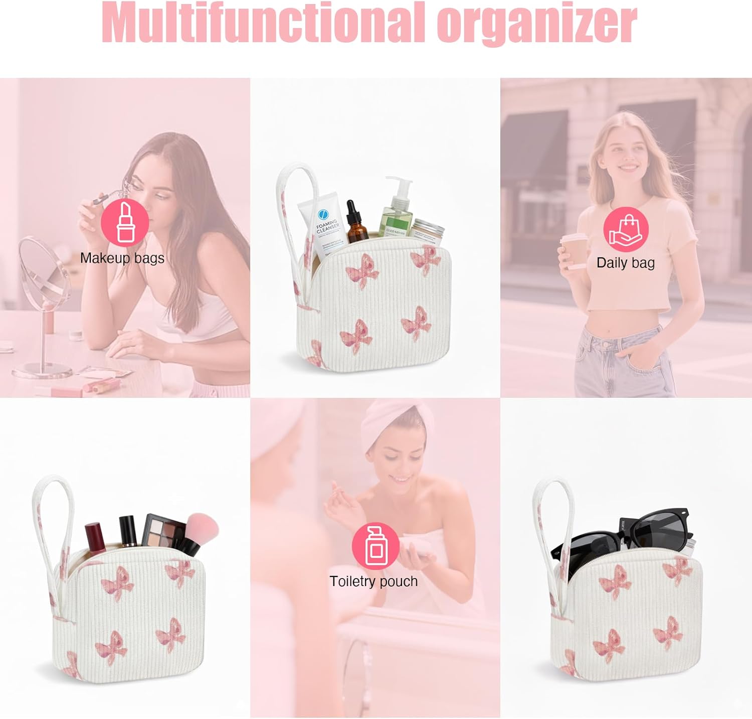 Small Makeup Bag | Discreet Period Bag Pad Pouch for Purse| Sanitary Napkin Storage & Tampon Holder for Travel Bow pink