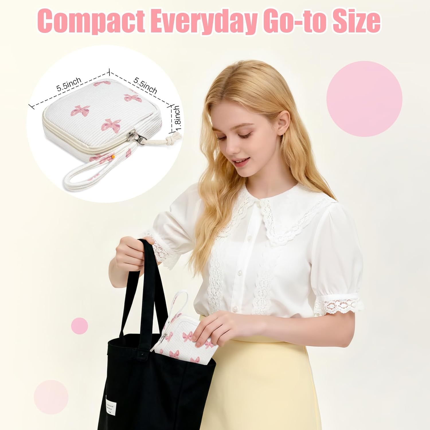 Small Makeup Bag | Discreet Period Bag Pad Pouch for Purse| Sanitary Napkin Storage & Tampon Holder for Travel Bow pink