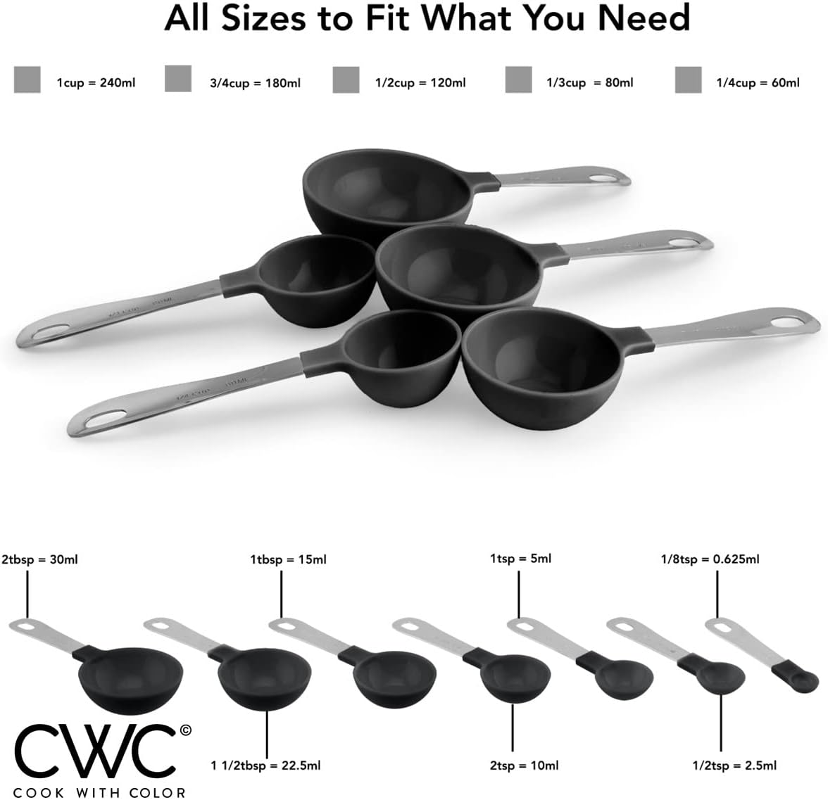 Measuring Cups Set and Measuring Spoon Set, Stainless Steel Handles, Nesting Kitchen Measuring Set, Liquid Measuring Cup Set, 12 PC Stainless Steel, Black