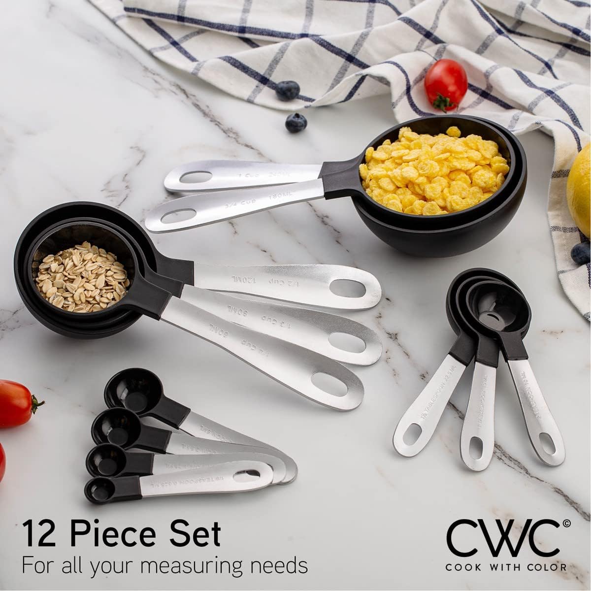 Measuring Cups Set and Measuring Spoon Set, Stainless Steel Handles, Nesting Kitchen Measuring Set, Liquid Measuring Cup Set, 12 PC Stainless Steel, Black
