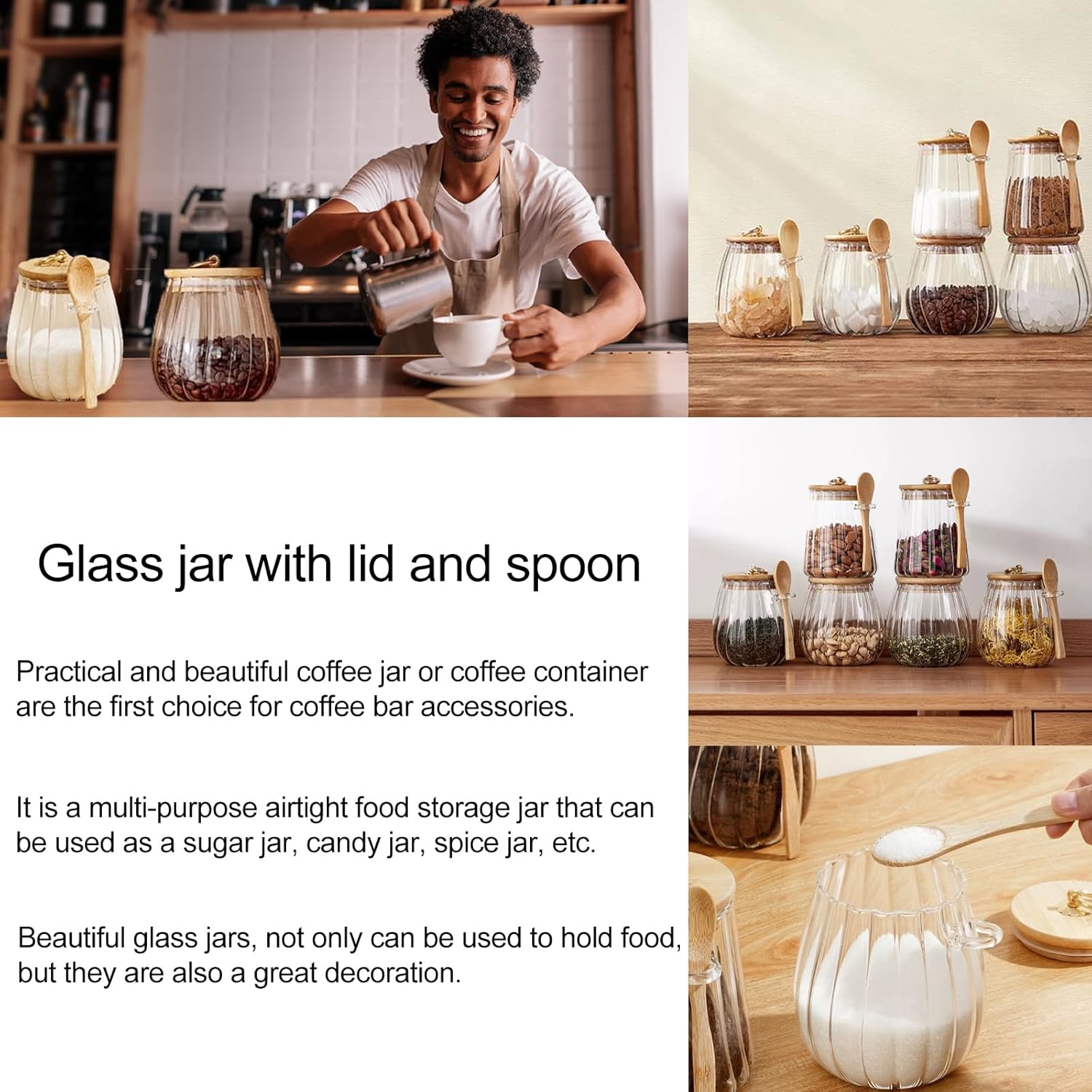 Sugar Bowls Sugar Container 25.36 FL OZ Glass Coffee Canister Airtight Food Storage Jar with Lid and Spoon Candy Jar Coffee Bar Accessories Storage Beans Powder Conical