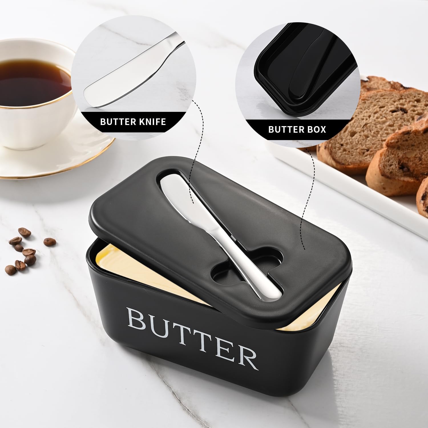Large Plastic Butter Dish With Lid And Knife,Food Grade PP Butter Holder Keeper With Cover For Kitchen Refrigerator Black Butter Container