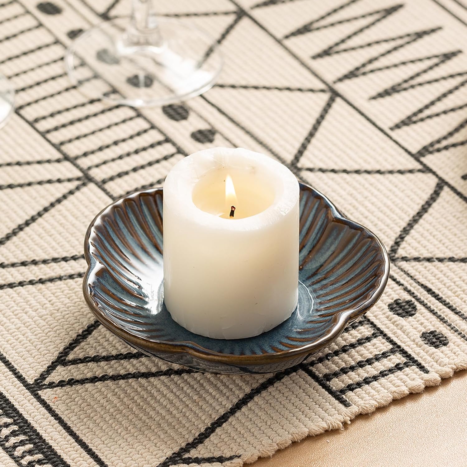 Ceramic Pillar Candle Holder, Candle Tray for Incense, Palo Santo Holder, Tealight Candle Holder, Candle Stand for Home Decoration Display, Halloween Christmas Wedding Parties, 1 Pack Blue