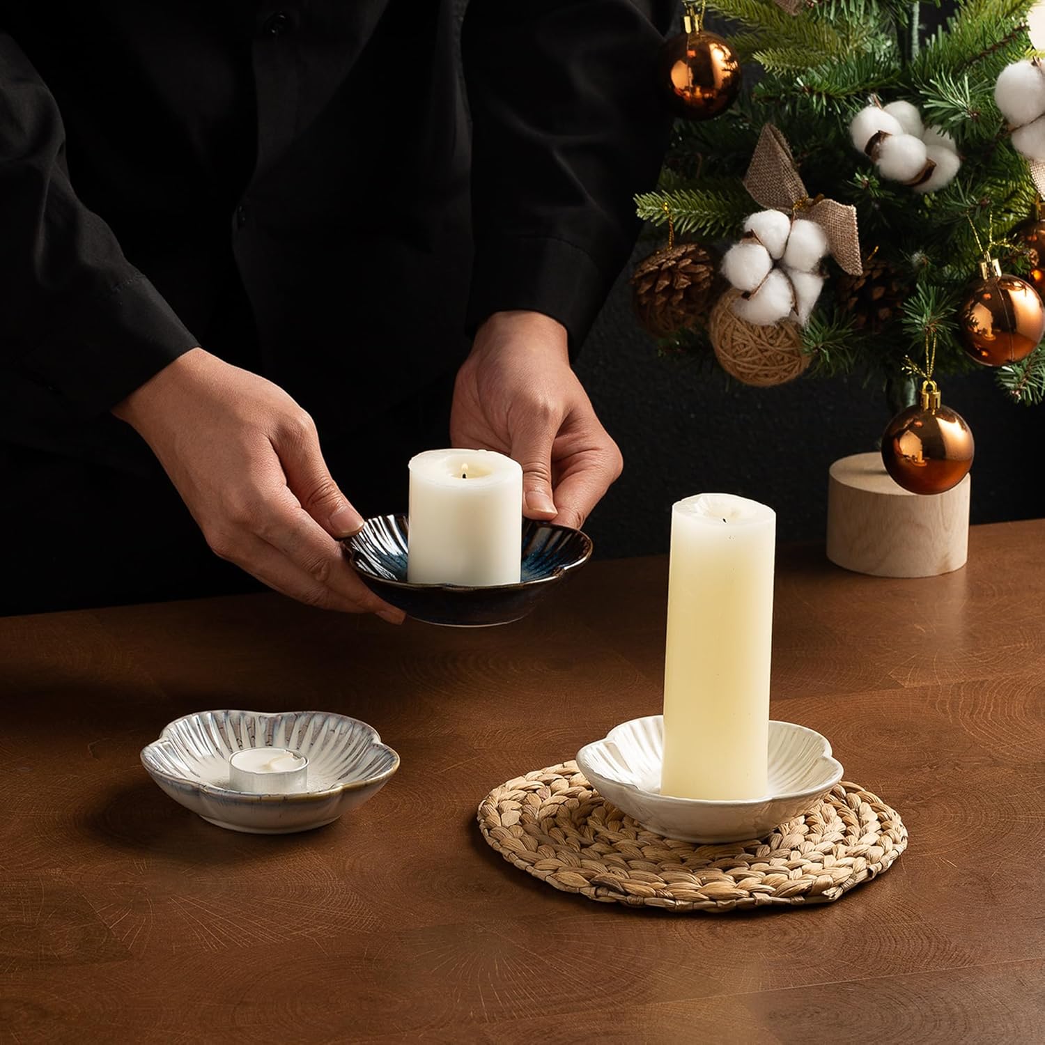 Ceramic Pillar Candle Holder, Candle Tray for Incense, Palo Santo Holder, Tealight Candle Holder, Candle Stand for Home Decoration Display, Halloween Christmas Wedding Parties, 1 Pack Blue