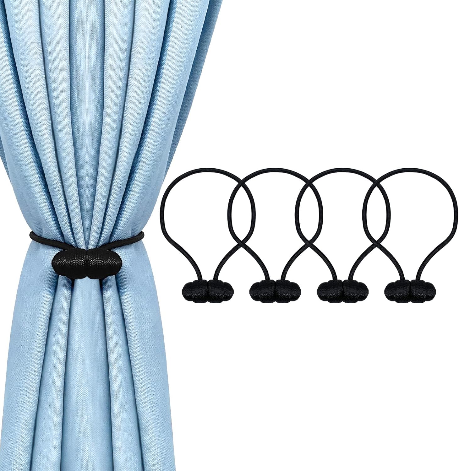 Black Magnetic Curtain Tiebacks - 4pcs Decorative Curtain Tie Backs, No Drill Closure Drapery Tiebacks Holdbacks, Boho Drapes Straps Ropes for Bedroom, Bathroom, Farmhouse Decor