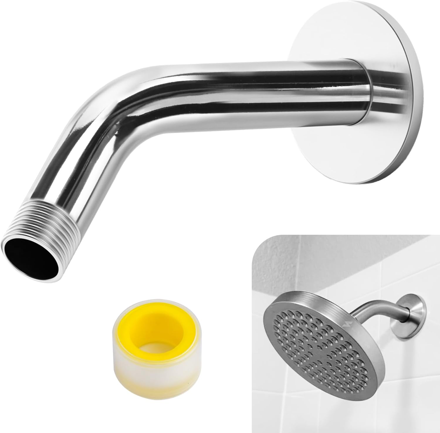Shower Arm Flange Shower Pipe Arm 6 Inches Shower Head Mount 304 Stainless Steel Shower Handle Replacement Wall Mount Shower Neck for Fixed Shower Head & Handheld Showerhead Silver