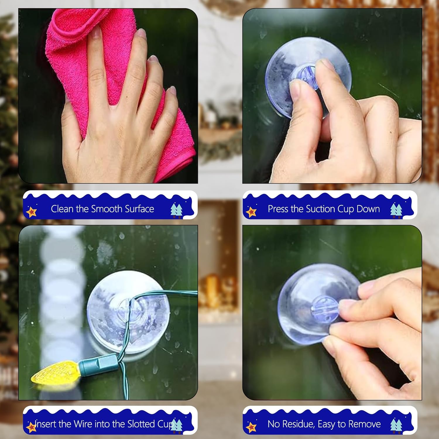 Christmas Light String Suction Cup Holders & Hooks for Seasonal Lights & Xmas Decorations 50Pcs
