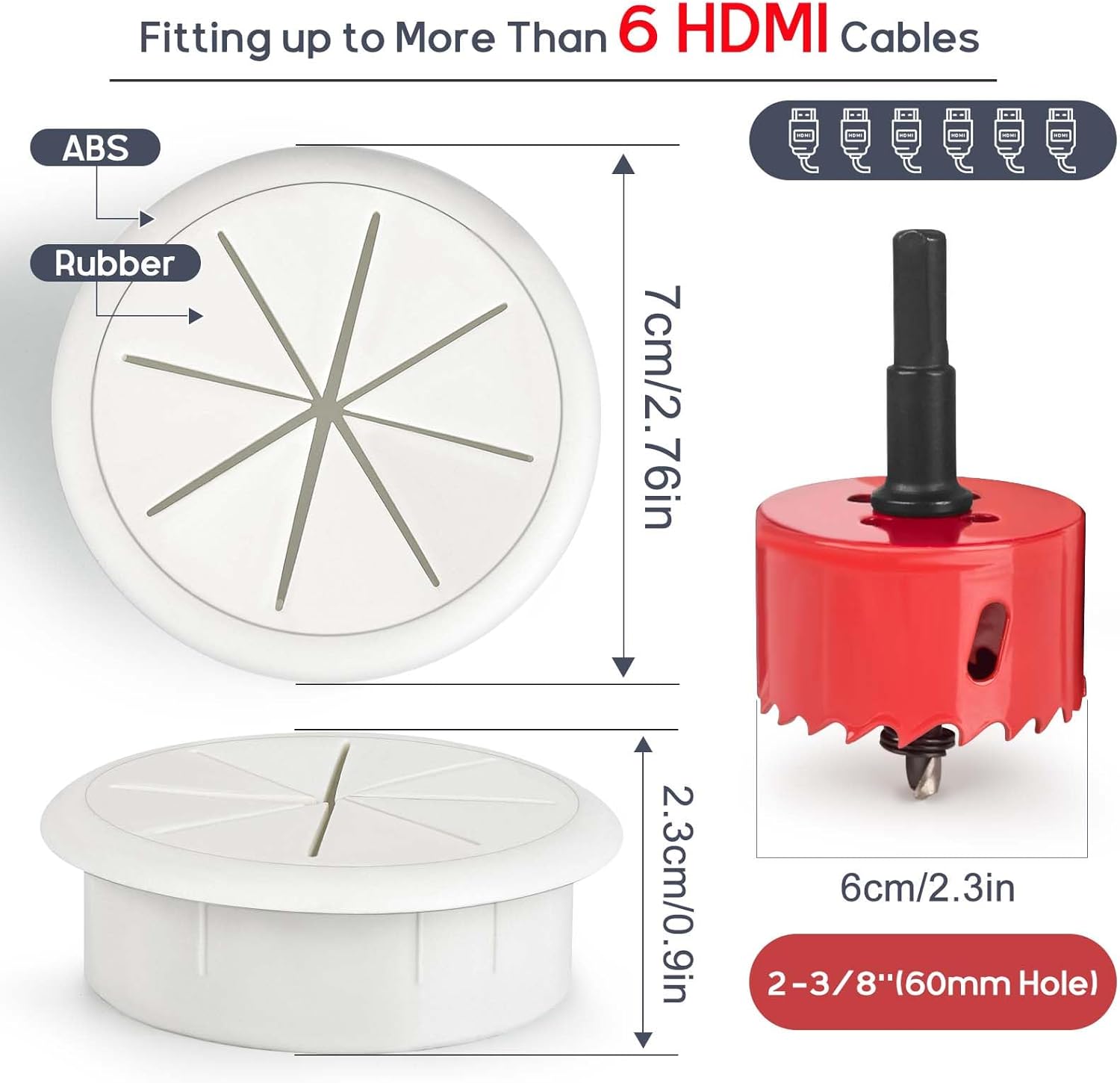 6Pcs TV Cord Hider for Wall Mounted TV 2.36in 60mm TV Wire Hider Cable Grommet Cable Hole Cover with Hole Saw Drill Attachment, in Wall Cable Management Kit for Office and Home Table Cable