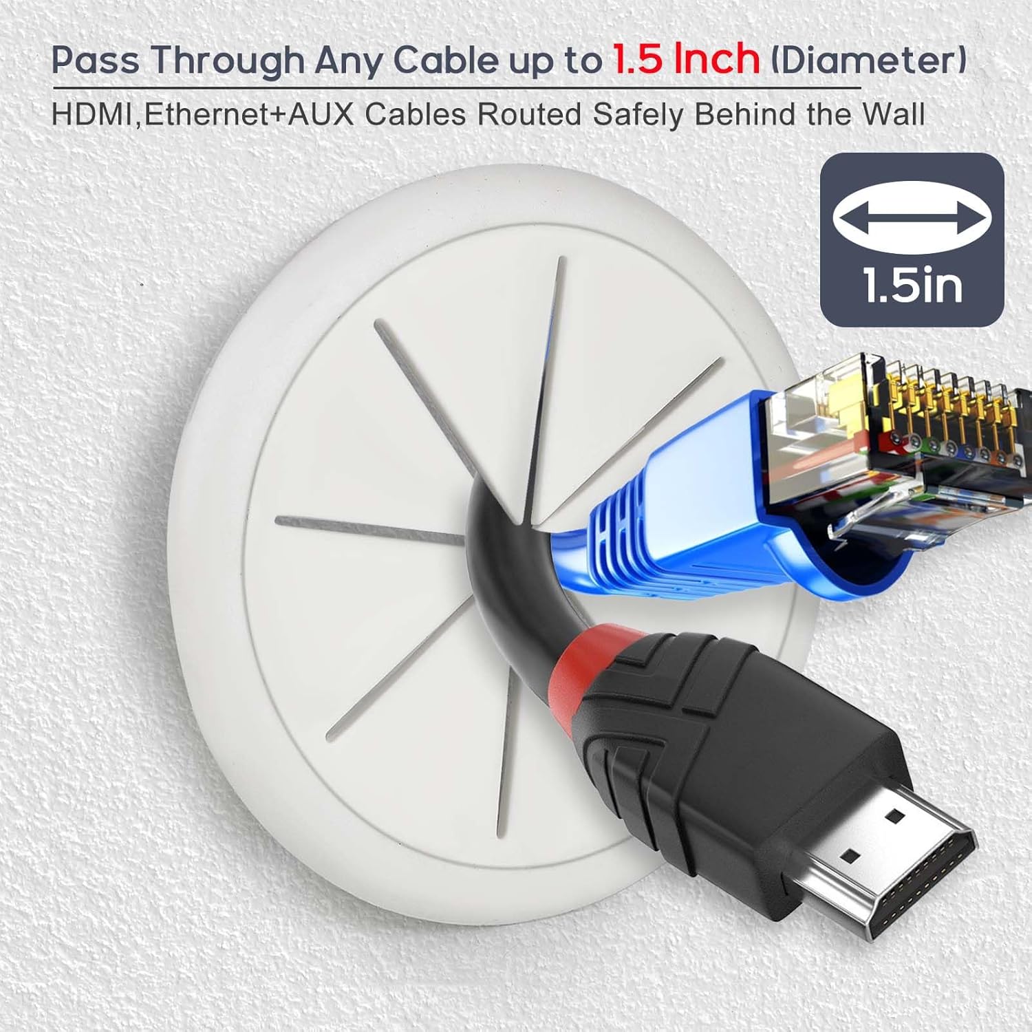 6Pcs TV Cord Hider for Wall Mounted TV 2.36in 60mm TV Wire Hider Cable Grommet Cable Hole Cover with Hole Saw Drill Attachment, in Wall Cable Management Kit for Office and Home Table Cable