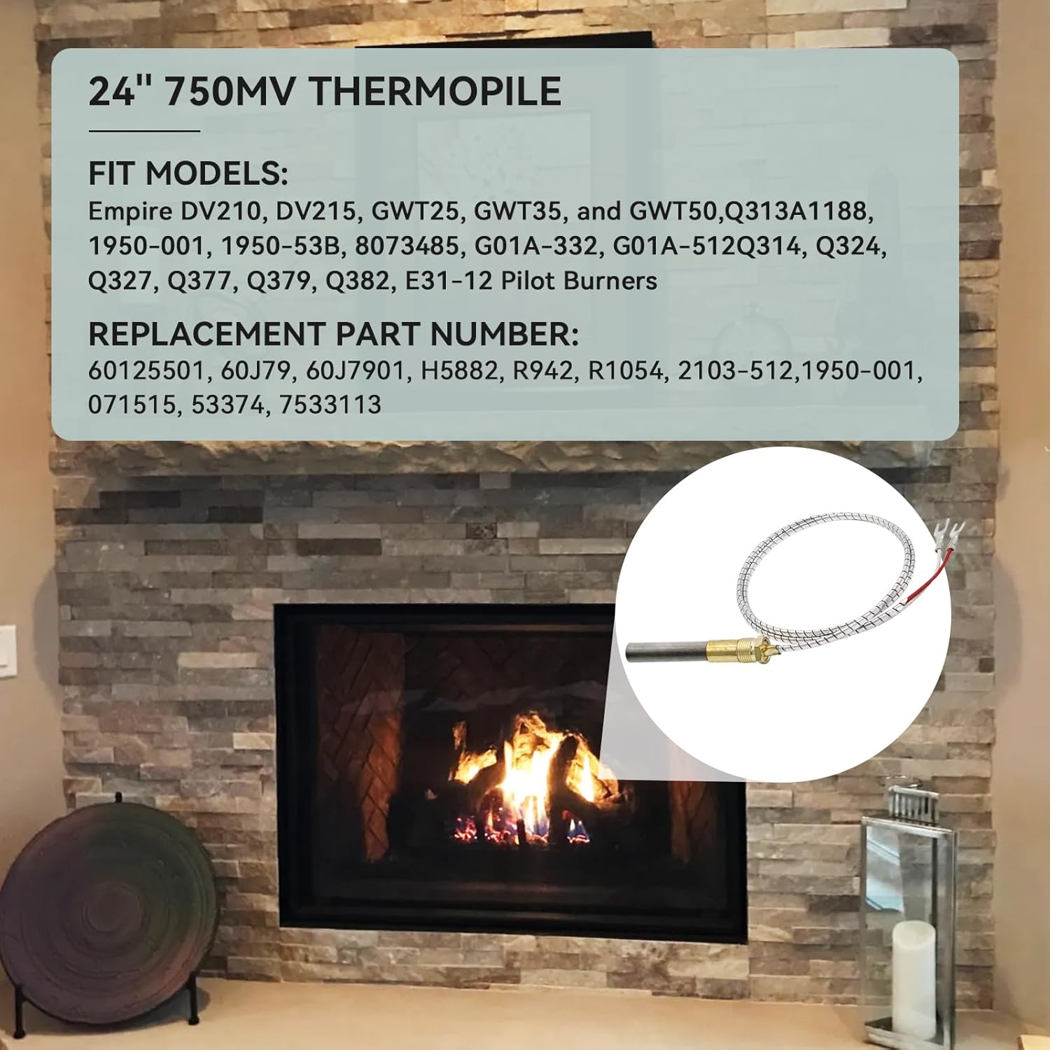 750mv Thermopile for Gas Fireplace, 24” Thermopile Generators Q313A Fit for Stove Gas Ovens/Gas Fireplace/Water Heater, Thermopile Assemblies Replacement 24'' Thermopile