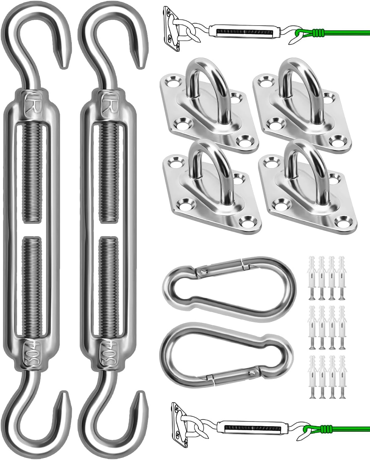 Sun Shade Sail Hardware Kit, 304 Stainless Steel Sunshades Canopy Installation Kit for Garden Rectangle & Triangle Shade Sails, Heavy Duty Shade Sail Fixing Accessories, Awning Attachment Set