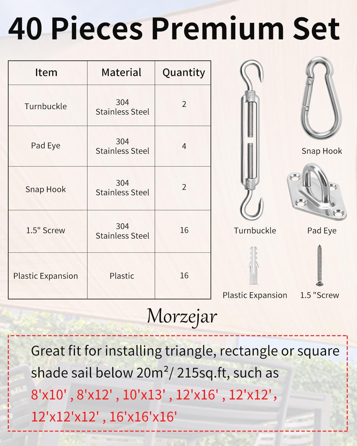 Sun Shade Sail Hardware Kit, 304 Stainless Steel Sunshades Canopy Installation Kit for Garden Rectangle & Triangle Shade Sails, Heavy Duty Shade Sail Fixing Accessories, Awning Attachment Set