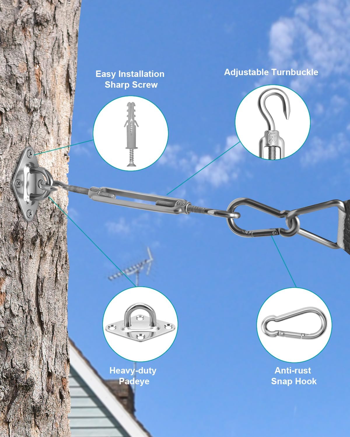 Sun Shade Sail Hardware Kit, 304 Stainless Steel Sunshades Canopy Installation Kit for Garden Rectangle & Triangle Shade Sails, Heavy Duty Shade Sail Fixing Accessories, Awning Attachment Set