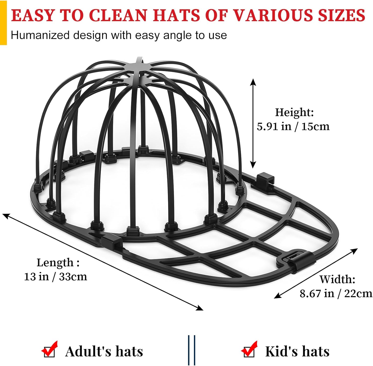 Hat Washer Cage for Washing Machine & Dishwasher- Ball Cap Washer for Baseball Caps & Hats, Baseball Cap Cleaner and Shaper, Fits Adult/Kids Caps Black