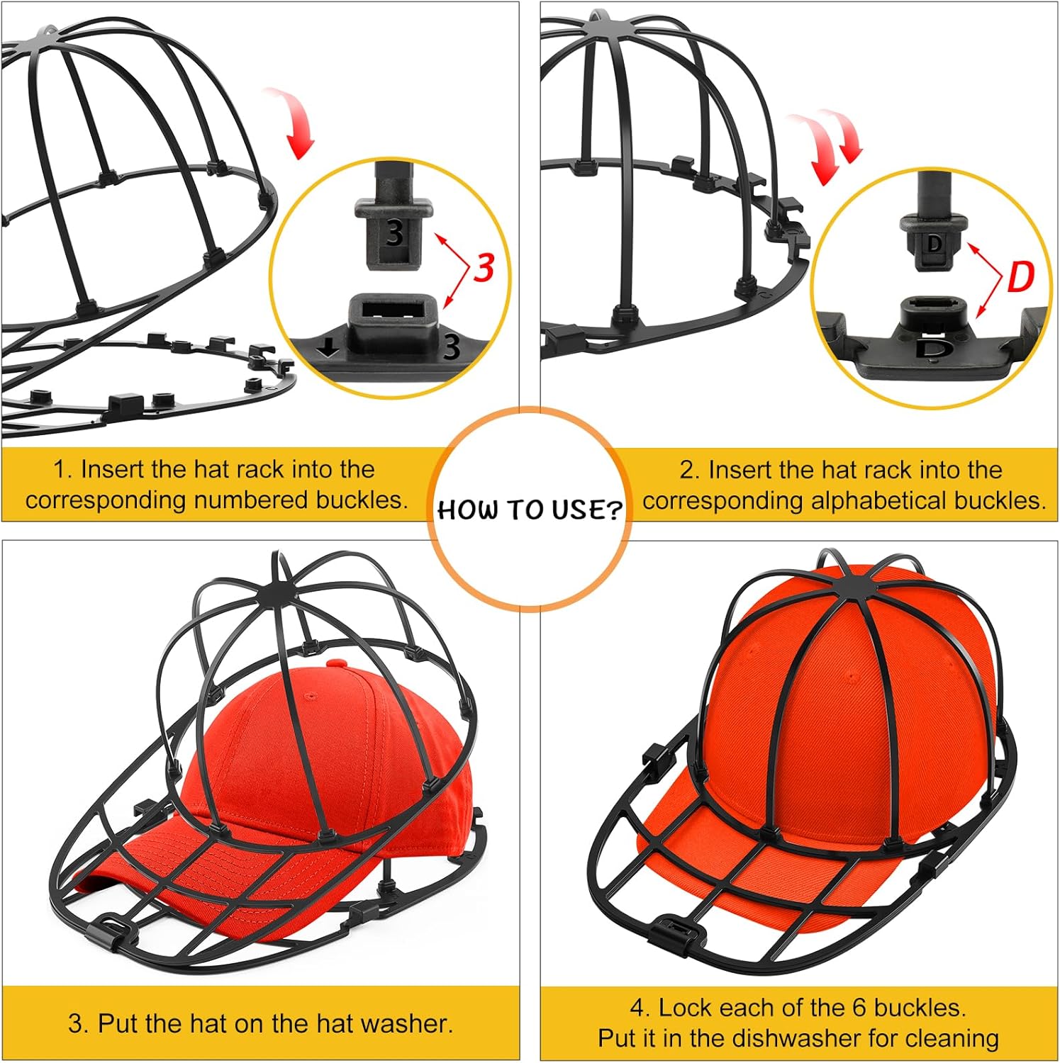 Hat Washer Cage for Washing Machine & Dishwasher- Ball Cap Washer for Baseball Caps & Hats, Baseball Cap Cleaner and Shaper, Fits Adult/Kids Caps Black