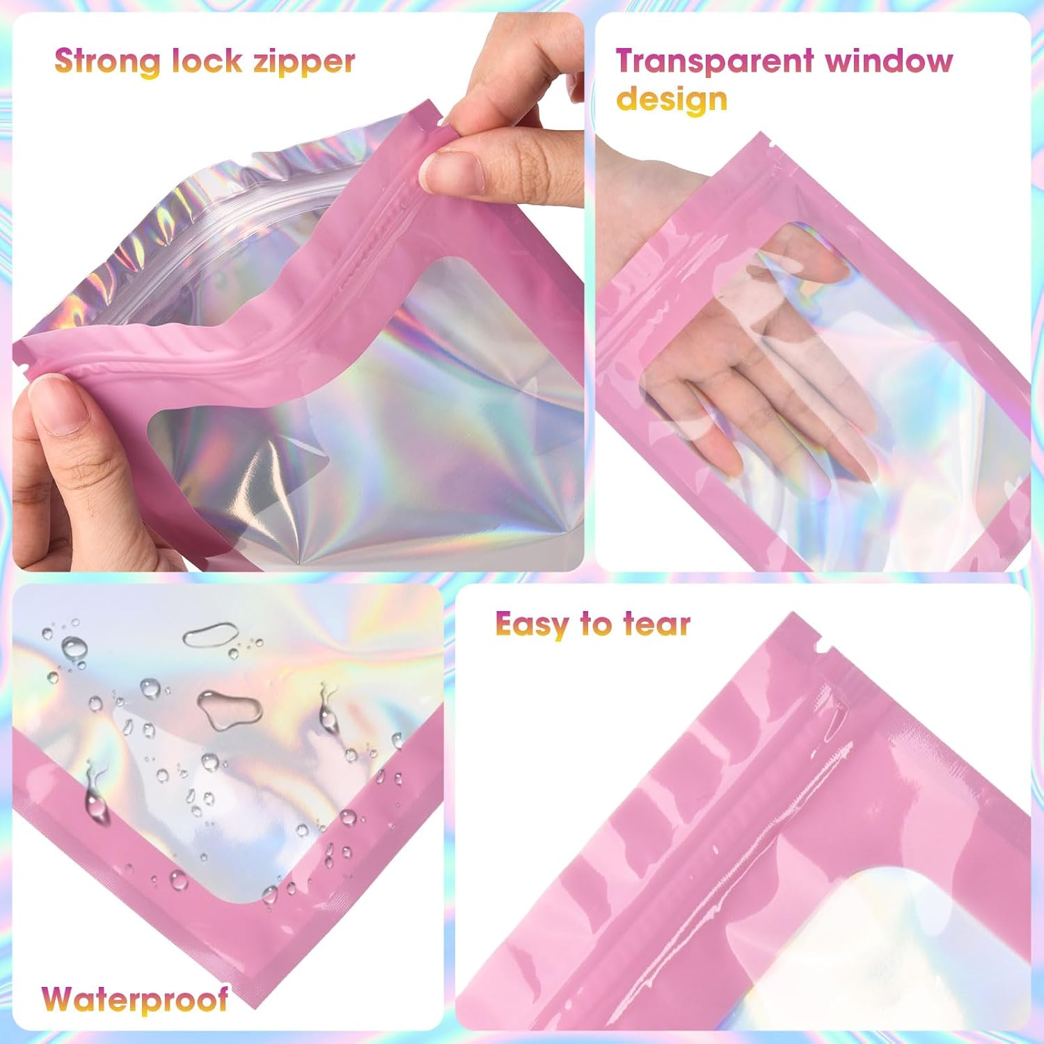 120PCS Smell Proof Mylar Bags,4"x6" Resealable Bag for Small Business,Holographic Packaging Bags with Clear Window,Foil Pouch Sample Snack Candy Jewelry Bag for Party Favors Pink