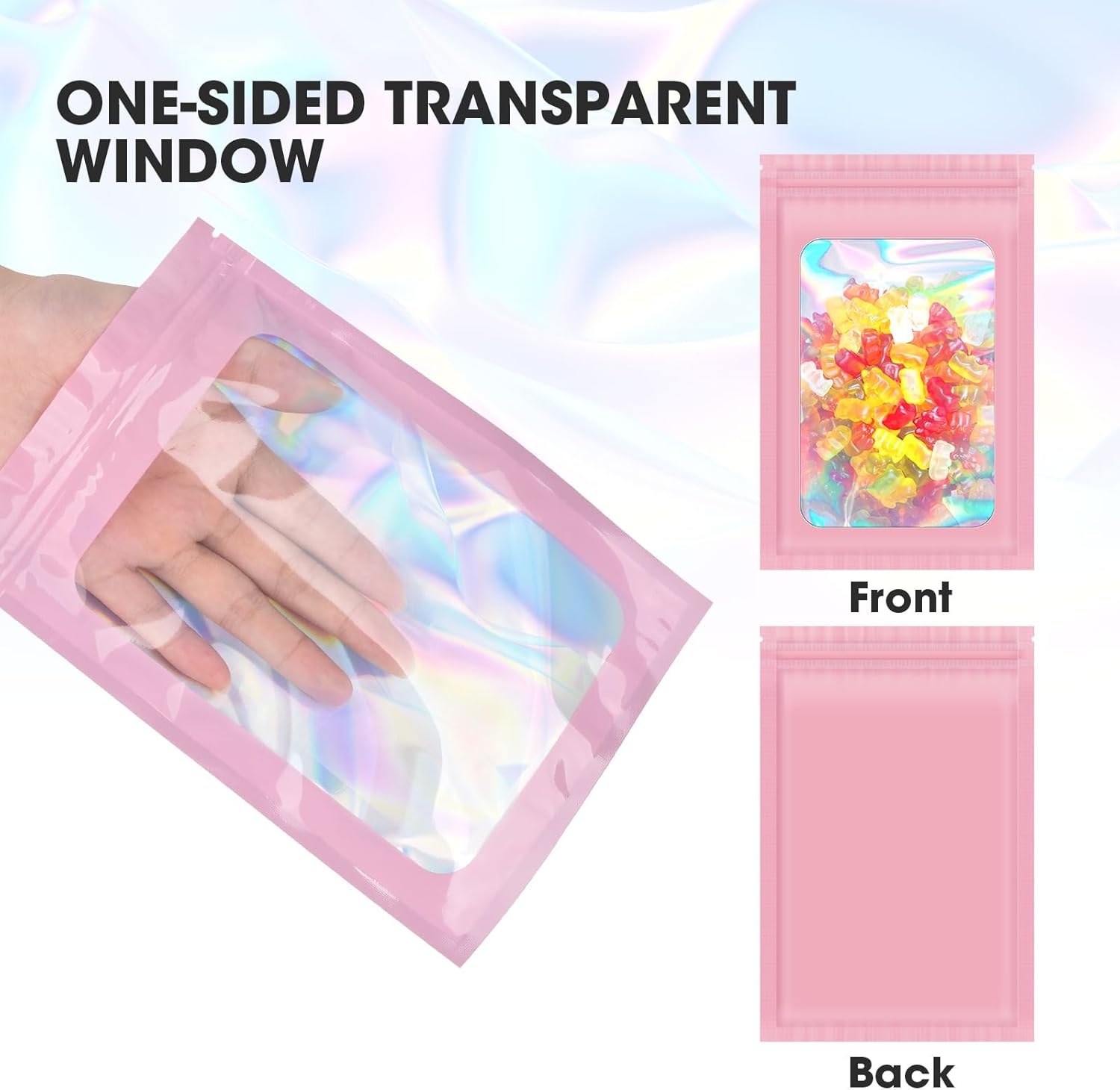 120PCS Smell Proof Mylar Bags,4"x6" Resealable Bag for Small Business,Holographic Packaging Bags with Clear Window,Foil Pouch Sample Snack Candy Jewelry Bag for Party Favors Pink
