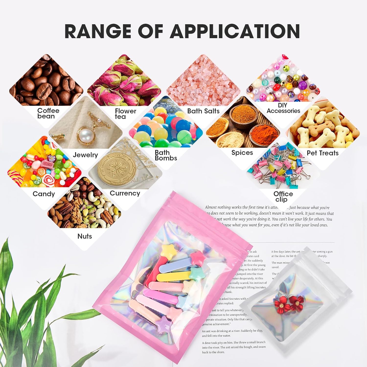 120PCS Smell Proof Mylar Bags,4"x6" Resealable Bag for Small Business,Holographic Packaging Bags with Clear Window,Foil Pouch Sample Snack Candy Jewelry Bag for Party Favors Pink
