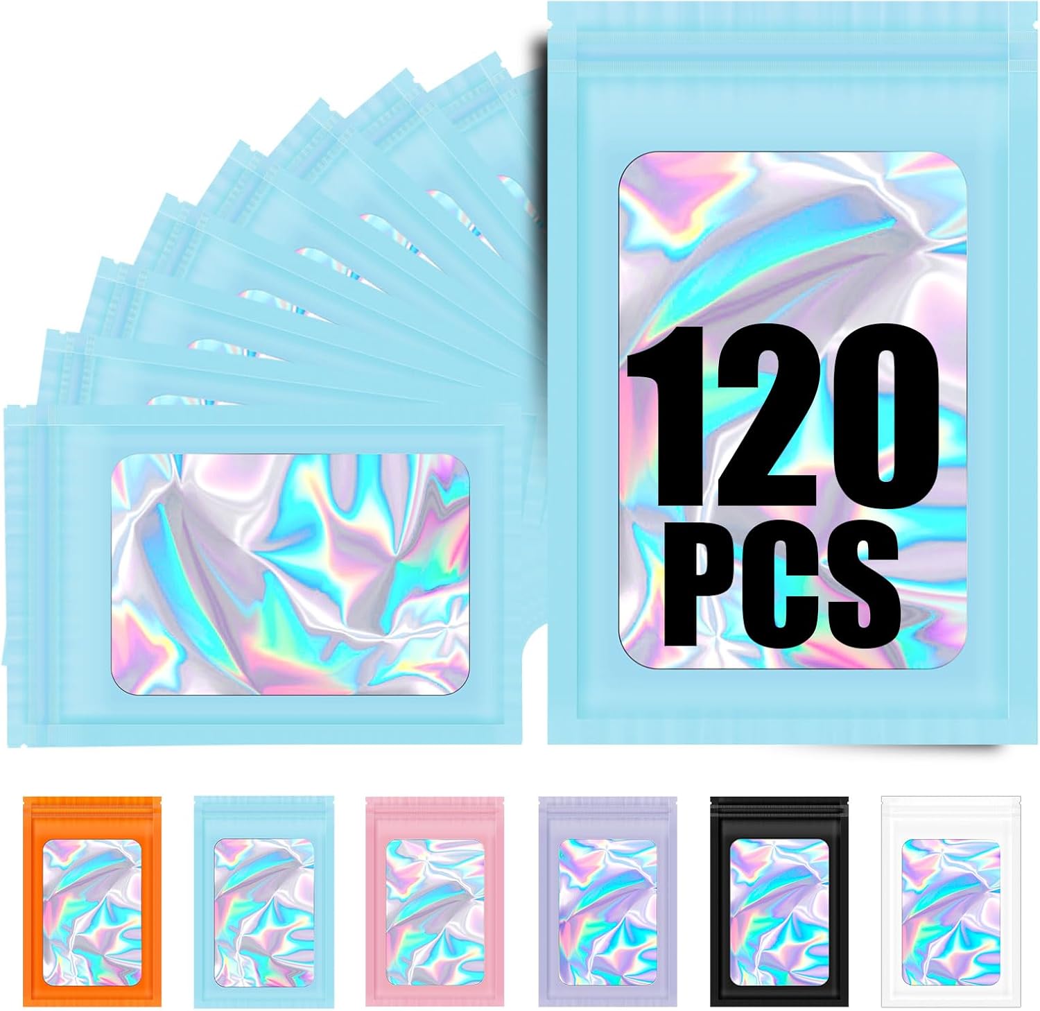 120PCS Smell Proof Mylar Bags,7.8"x11.8" Resealable Bag for Small Business,Holographic Packaging Bags with Clear Window,Foil Pouch Sample Snack Candy Jewelry Bag for Party Favors Blue