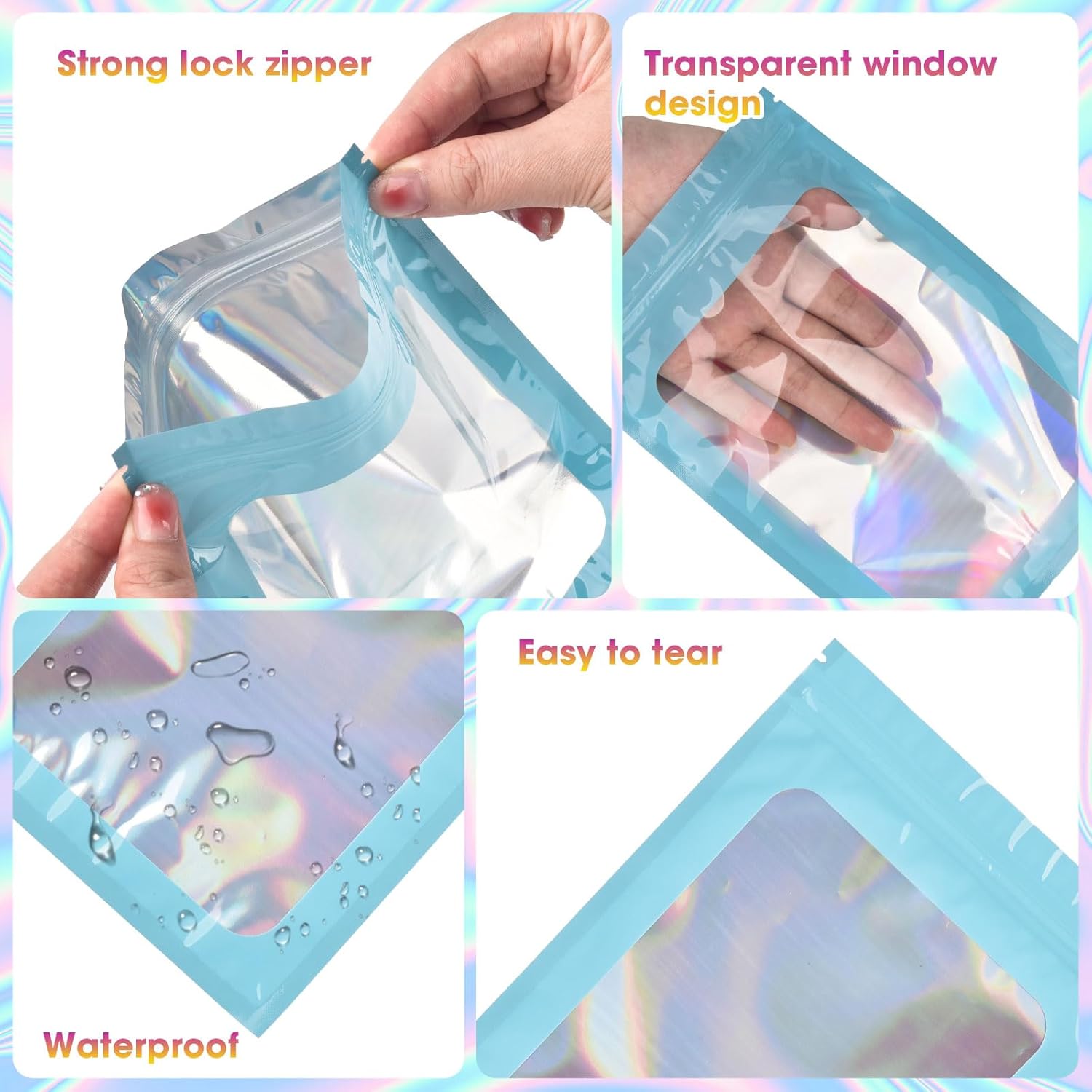120PCS Smell Proof Mylar Bags,7.8"x11.8" Resealable Bag for Small Business,Holographic Packaging Bags with Clear Window,Foil Pouch Sample Snack Candy Jewelry Bag for Party Favors Blue