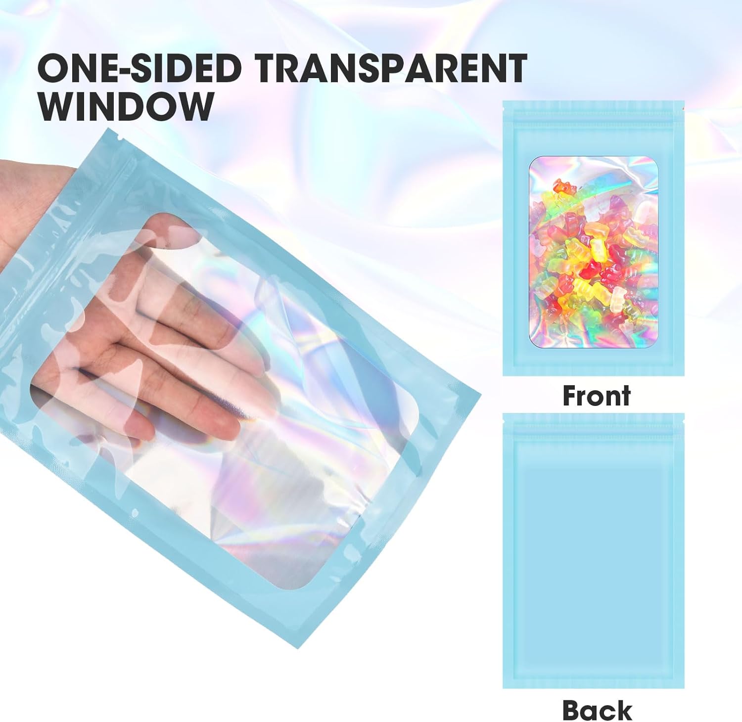 120PCS Smell Proof Mylar Bags,7.8"x11.8" Resealable Bag for Small Business,Holographic Packaging Bags with Clear Window,Foil Pouch Sample Snack Candy Jewelry Bag for Party Favors Blue